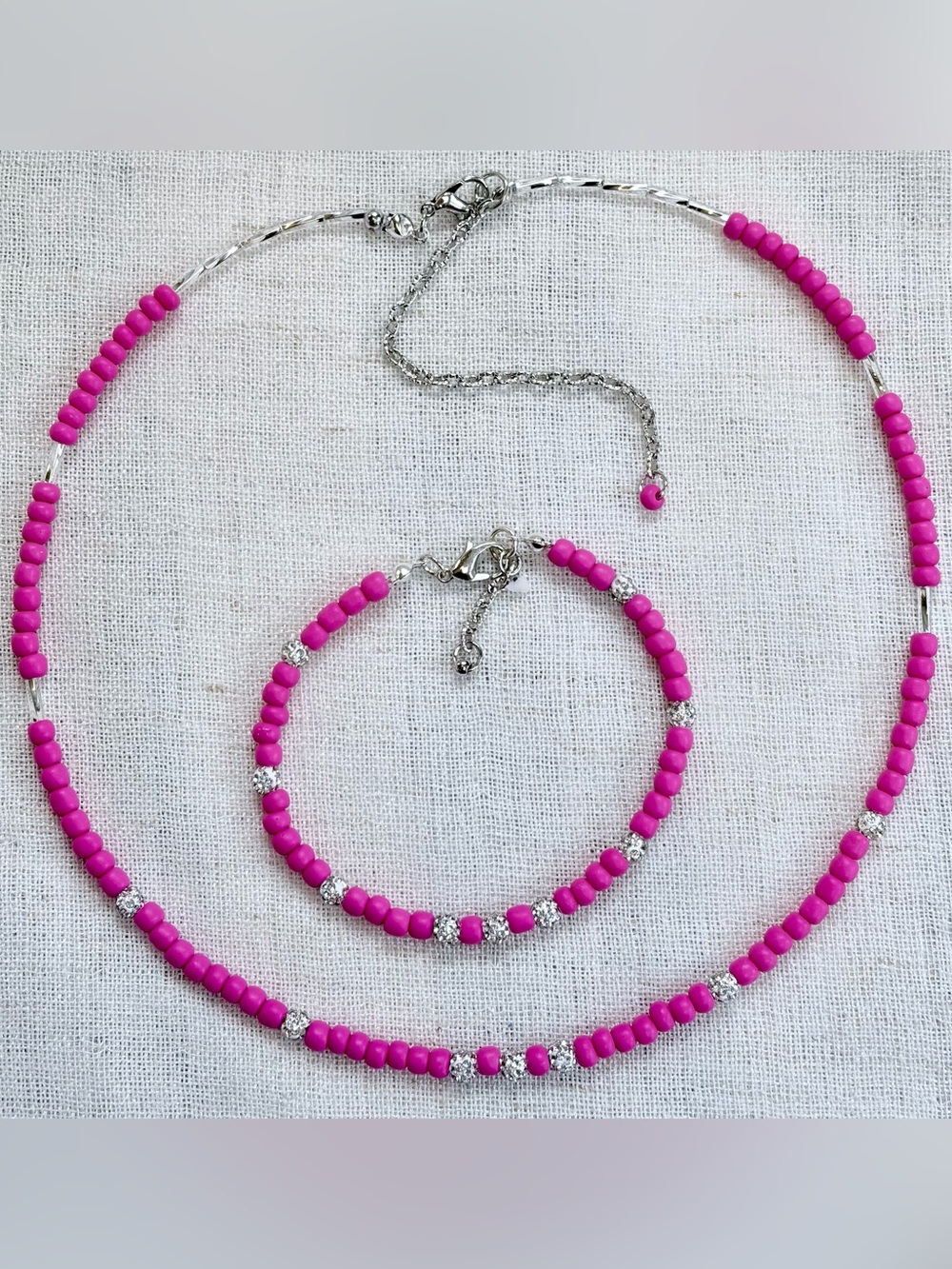 Vibrant pink beaded Set-necklace &bracelet.Glass beads & tubes,sparkling spacers